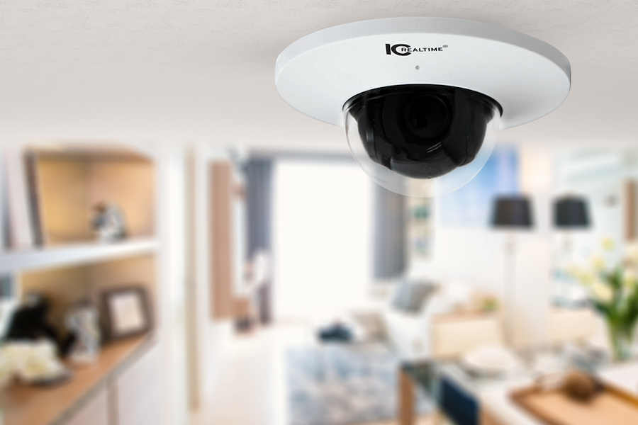 An IC Realtime dome camera hangs in a kitchen.