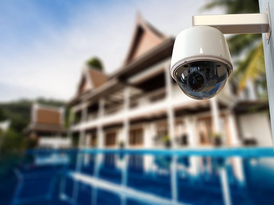 A dome camera installed on a building.
