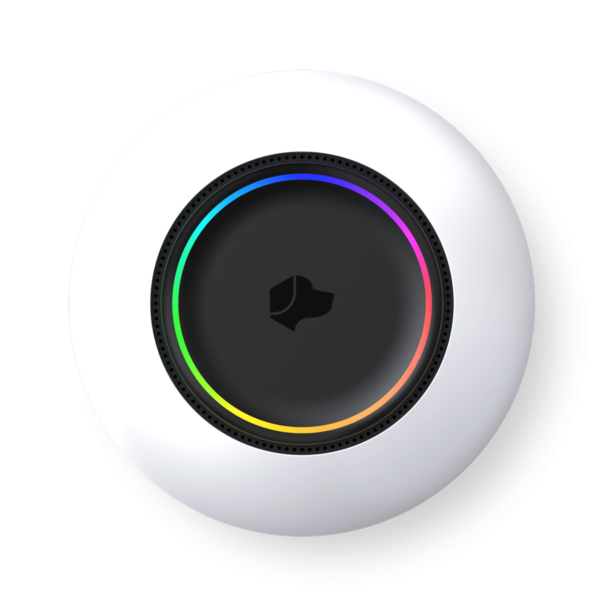 A top view of the Josh AI voice control device, a white circular gadget with a black center featuring a dog logo and a surrounding multicolored LED ring.