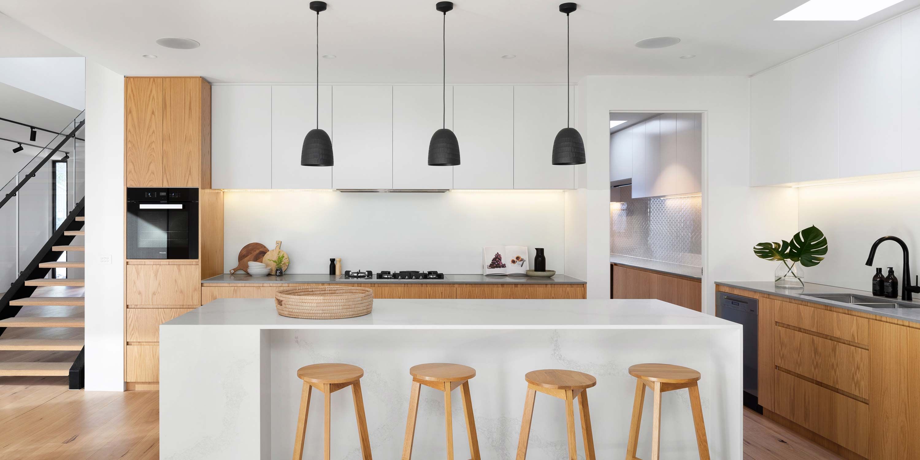 kitchen, modern, clean, white cabinets, black lights