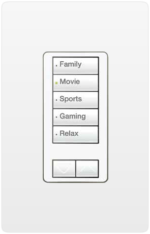 Lutron keypad with buttons labeled for different activities: Family, Movie, Sports, Gaming, Relax.