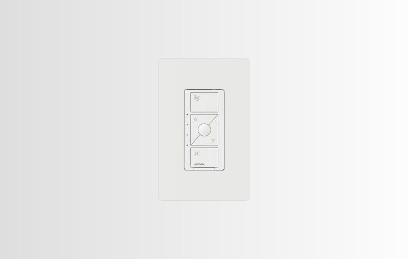 Lutron fan control switch on a white wall.